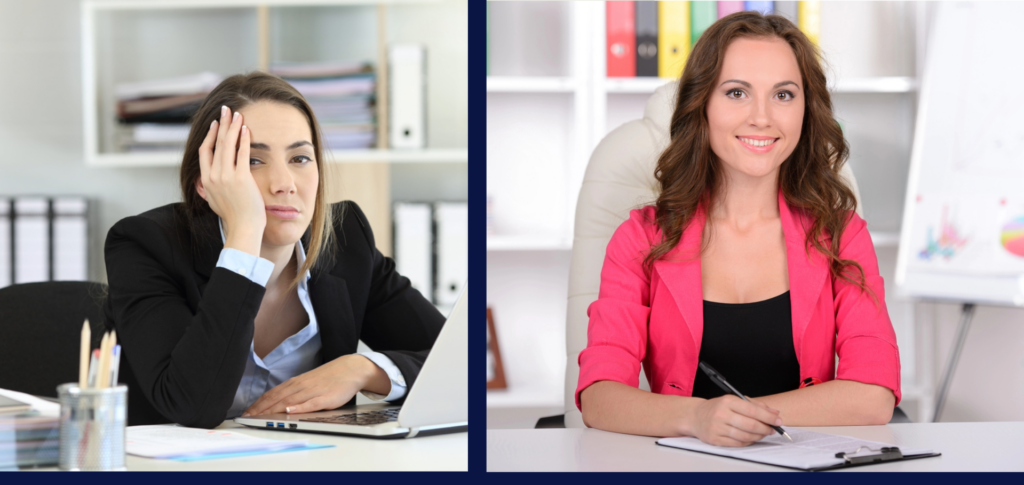 A side by side image of two woman with woman on left looking irritated and apathetic and woman on right representing focus, balance and calm