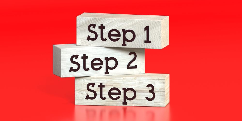 Step 1, 2 and 3 - words on wooden blocks - 3D 3 steps to excellent customer service