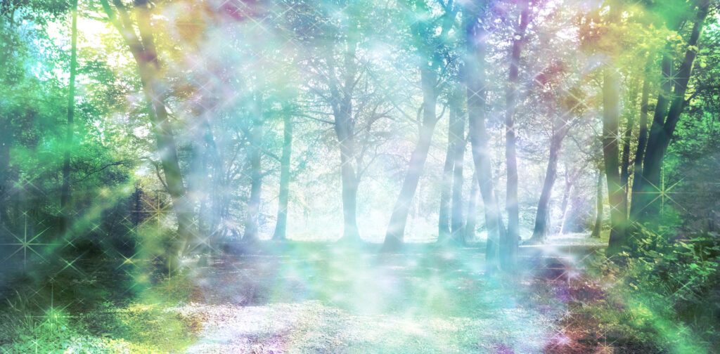 Magical spiritual woodlands with vibrant pastale rays of light over the wooded landscape for cultivate and experience peace and joy in challenging times
