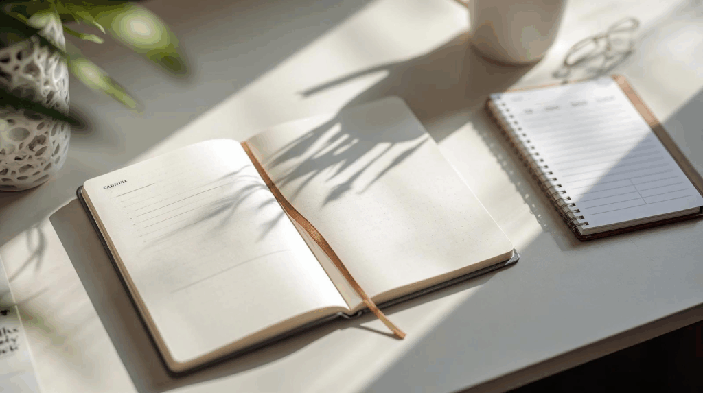 Journal and planner used to track energy and plan work around health needs.